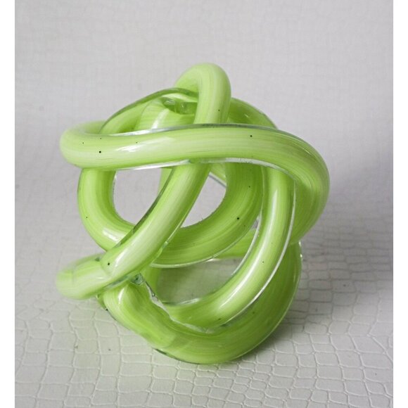 Vintage Art Glass Twisted Infinity Knot Lime Green Hand Blown Paperweight - Picture 3 of 4